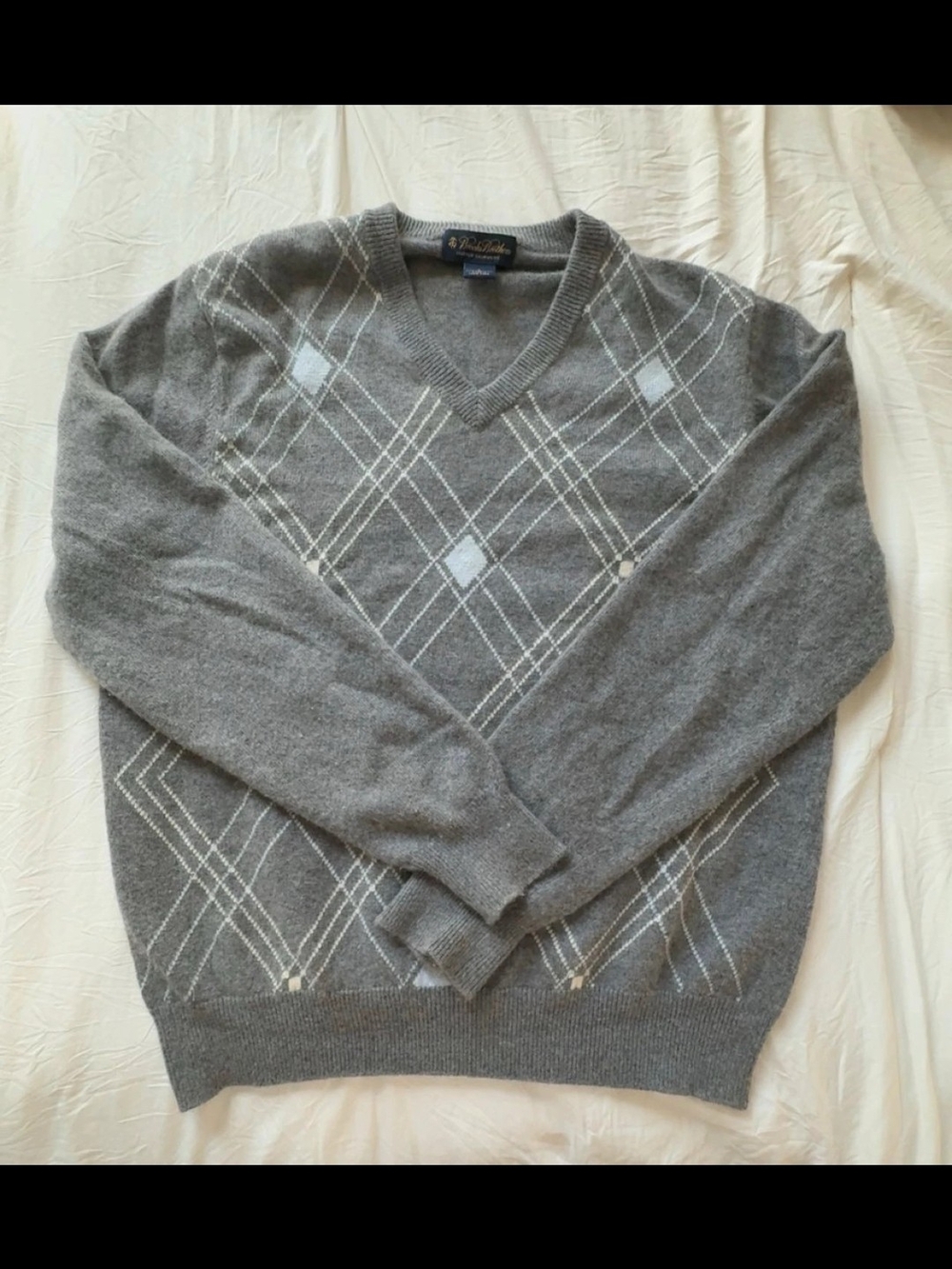 Brooks Brothers Gray V-Neck Argyle Sweater 100% Italian Cashmere